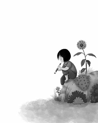 bicho@zoo, girl playing the record, girl playing flute, sunflower, book for children, children illustration, digital art, girl in a garden, laura gonzalez, illustrator, picture book