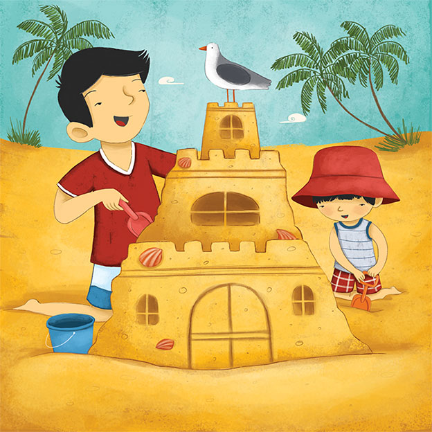 , sand castle, family vacation, family at the beach, book for children, children illustration, digital art, asian father and son, beach, sand, laura gonzalez, illustrator, picture book
