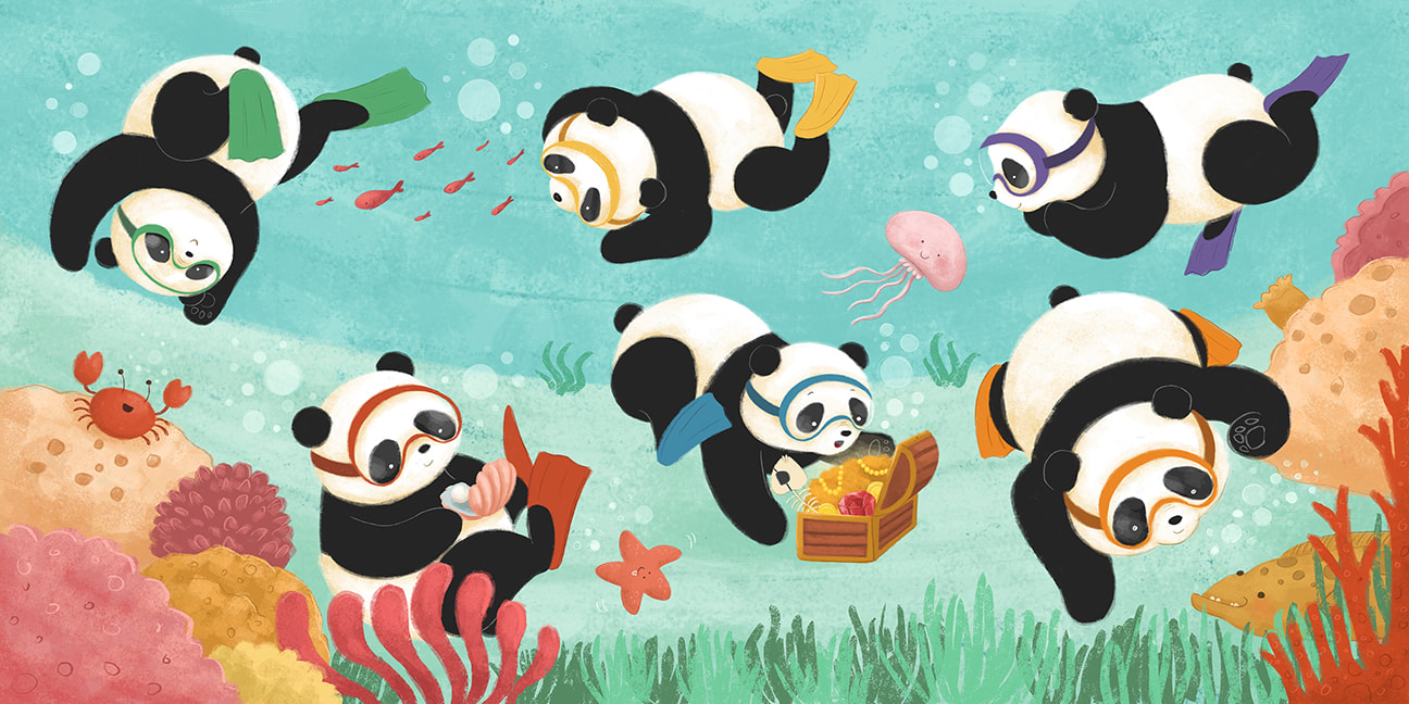 undersea children's illustration, pandas snorkeling, pandas swimming underwater, underwater illustration, colorful sea illustration, art for kids